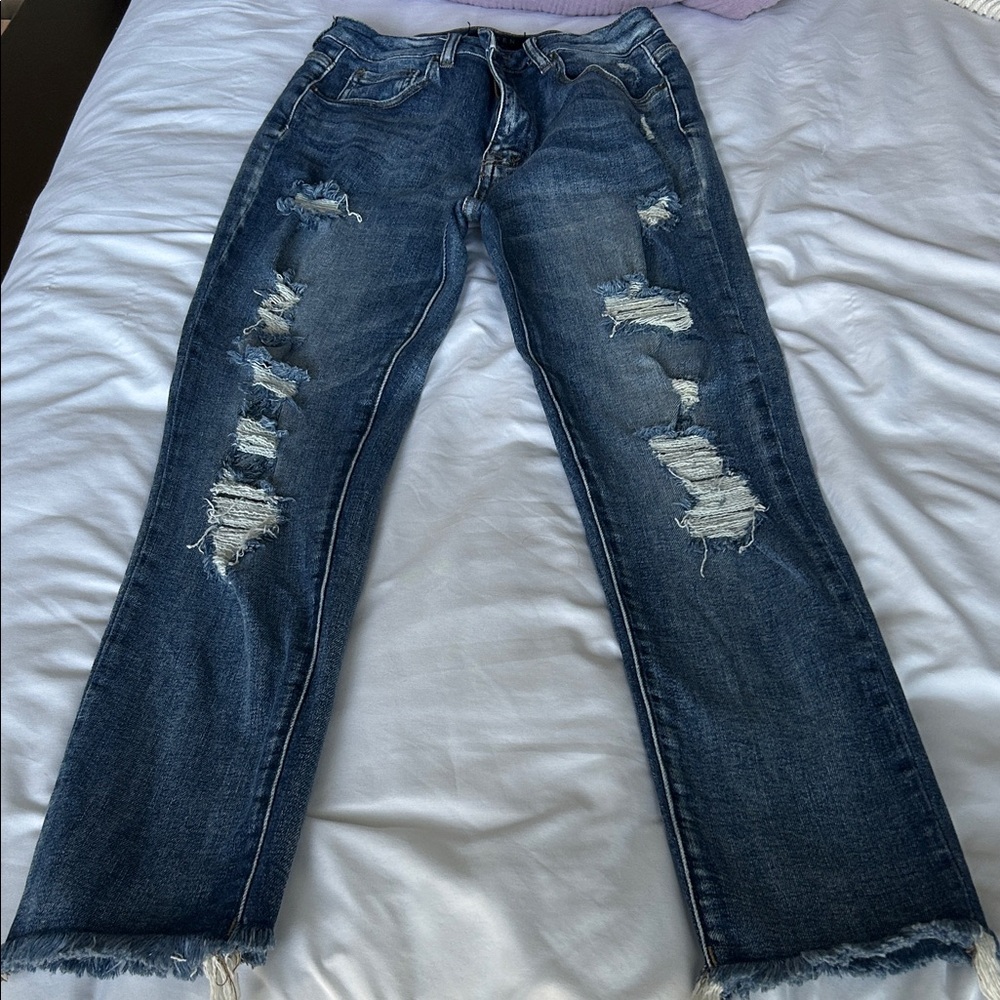 Stylish Distressed Risen Skinny Jeans in Dark Blue